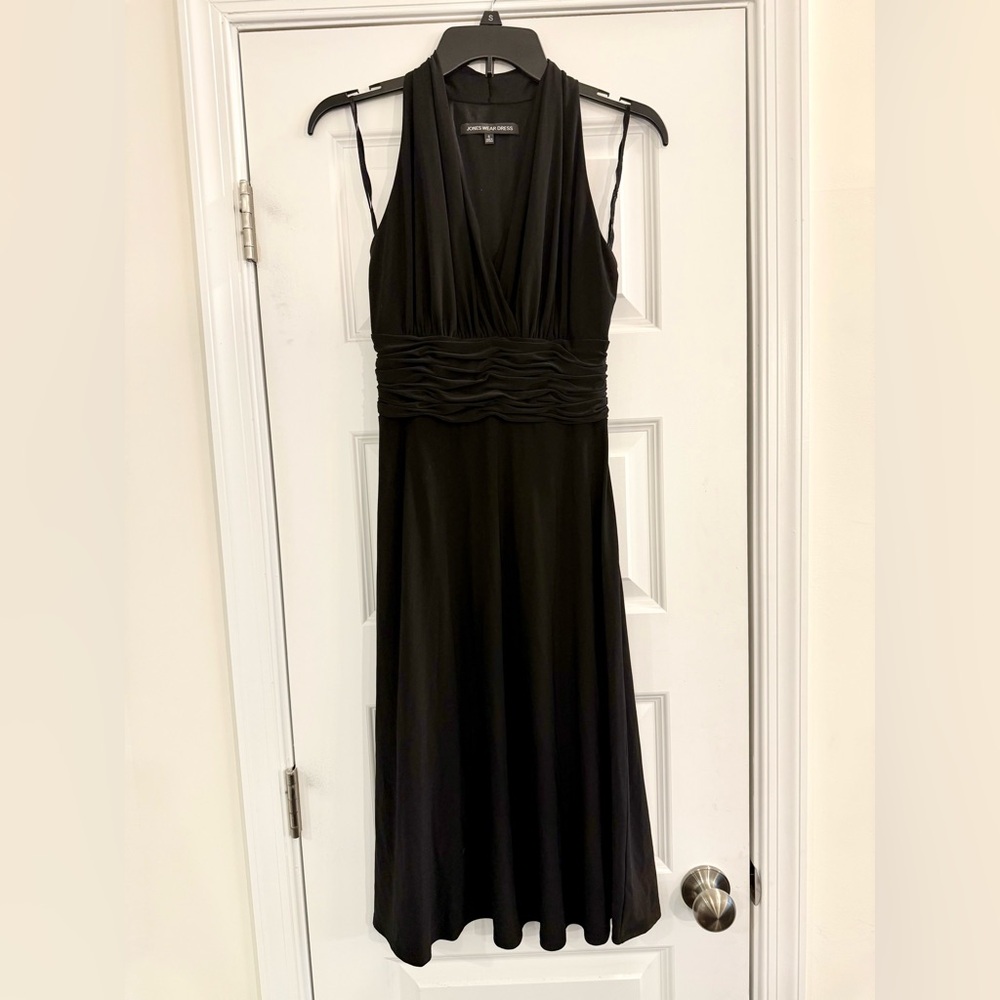 Black Halter Midi Dress Ruched Waist Stretch Sleeveless Size 6 Cocktail Party